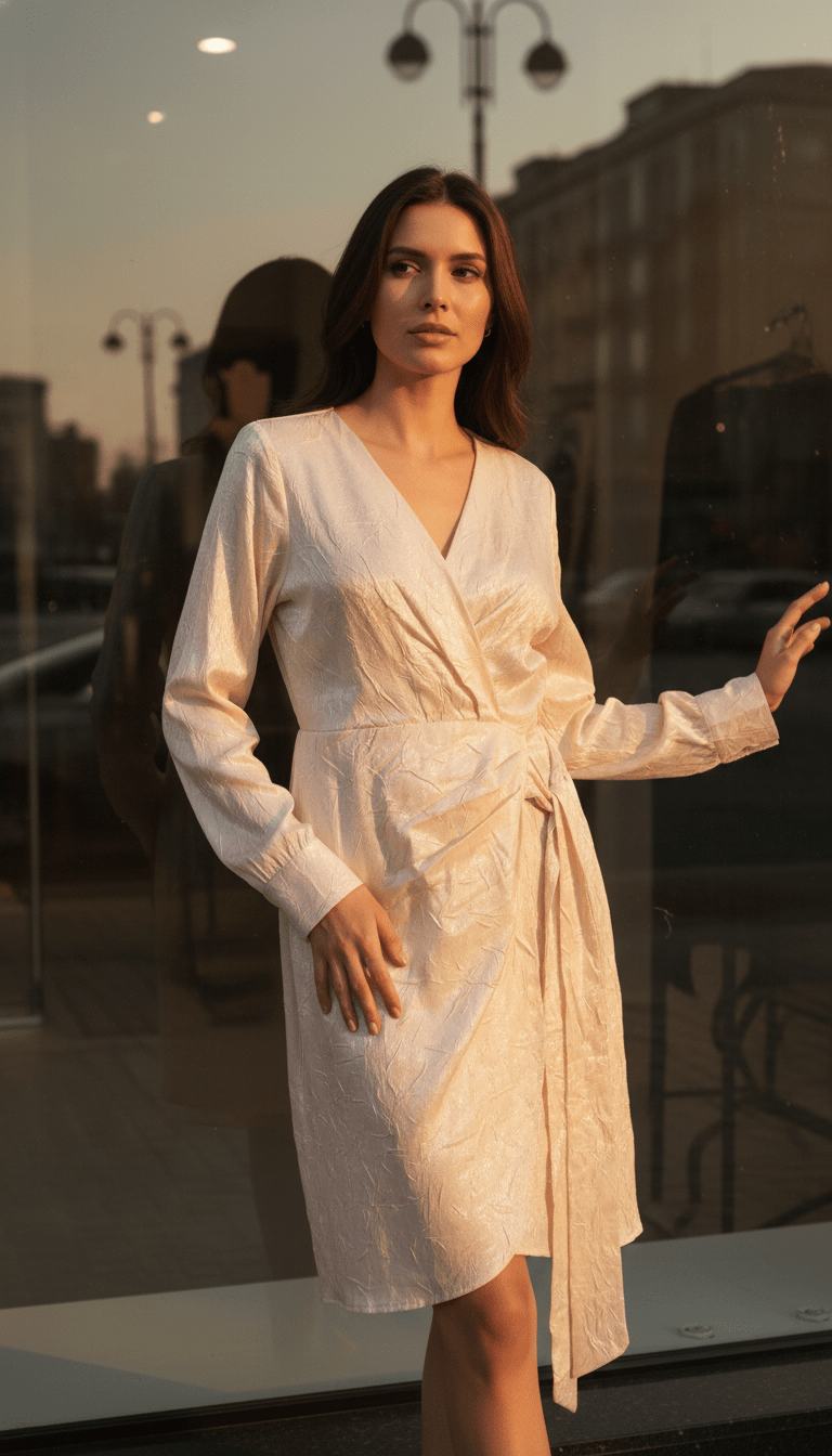 Rochie cu Decolteu în V, Elastic în Talie, Cordon și Mâneci Trei Sferturi - OK Lux. All rights reserved. - Dresses -