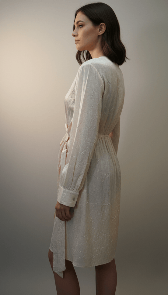 Rochie cu Decolteu în V, Elastic în Talie, Cordon și Mâneci Trei Sferturi - OK Lux. All rights reserved. - Dresses -