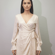 Rochie cu Decolteu în V, Elastic în Talie, Cordon și Mâneci Trei Sferturi - OK Lux. All rights reserved. - Dresses -