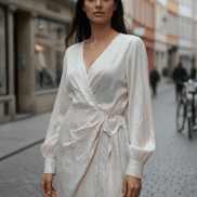 Rochie cu Decolteu în V, Elastic în Talie, Cordon și Mâneci Trei Sferturi - OK Lux. All rights reserved. - Dresses -