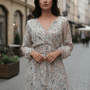 Rochie din Bumbac cu Decolteu în V, Cordon și Mâneci Trei Sferturi - OK Lux. All rights reserved. - Dresses - 