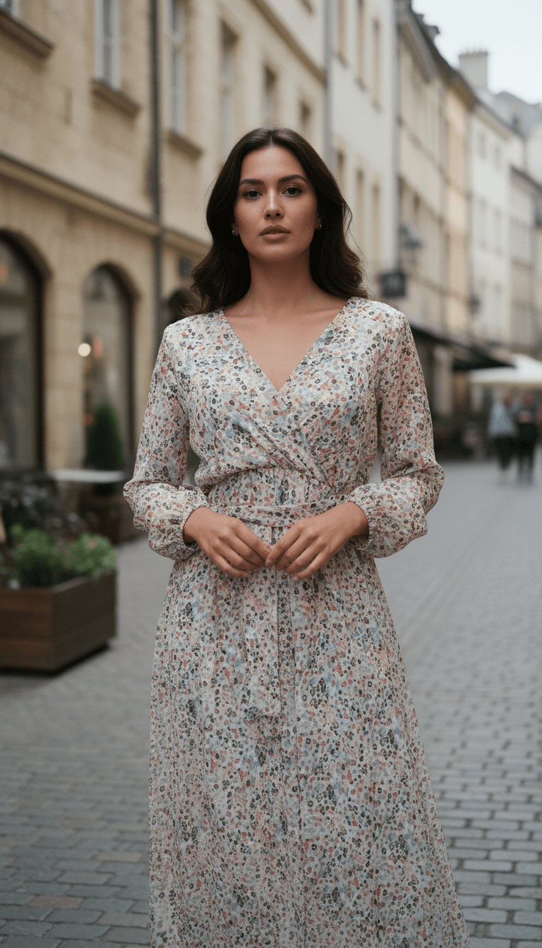 Rochie din Bumbac cu Decolteu în V, Cordon și Mâneci Trei Sferturi - OK Lux. All rights reserved. - Dresses - 