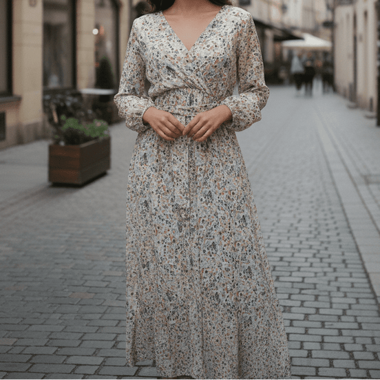 Rochie din Bumbac cu Decolteu în V, Cordon și Mâneci Trei Sferturi - OK Lux. All rights reserved. - Dresses - 