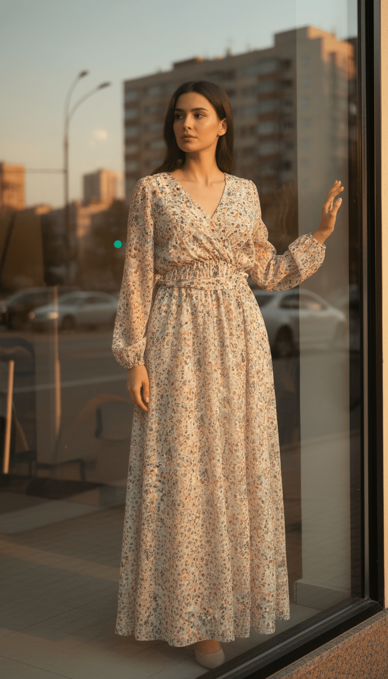 Rochie din Bumbac cu Decolteu în V, Cordon și Mâneci Trei Sferturi - OK Lux. All rights reserved. - Dresses - 