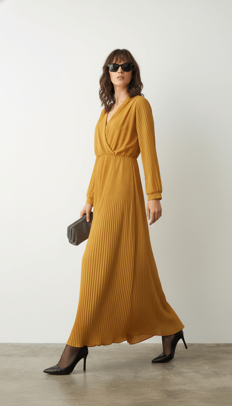 Rochie lungă galben muștar vibrant - OK Lux. All rights reserved. - Dresses - MUSTARD YELLOW - 