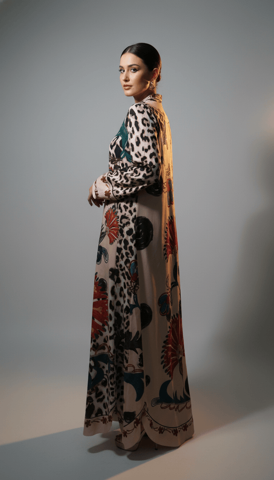 Rochie Maxi cu Decolteu în V, Imprimeu și Fir Lame - OK Lux. All rights reserved. - Dresses - 