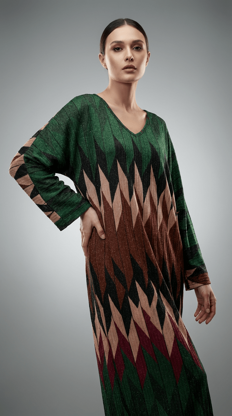 Rochie Maxi cu Decolteu în V și Imprimeu Subtil cu Fir Lame - OK Lux. All rights reserved. - Dresses - MULTICOLOR - 