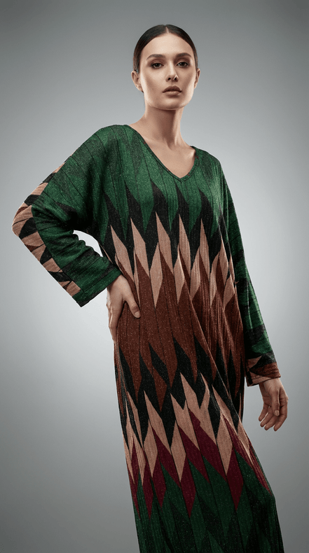 Rochie Maxi cu Decolteu în V și Imprimeu Subtil cu Fir Lame - OK Lux. All rights reserved. - Dresses - MULTICOLOR - 