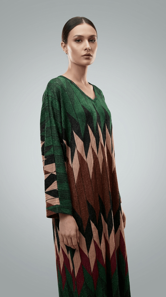 Rochie Maxi cu Decolteu în V și Imprimeu Subtil cu Fir Lame - OK Lux. All rights reserved. - Dresses - MULTICOLOR - 