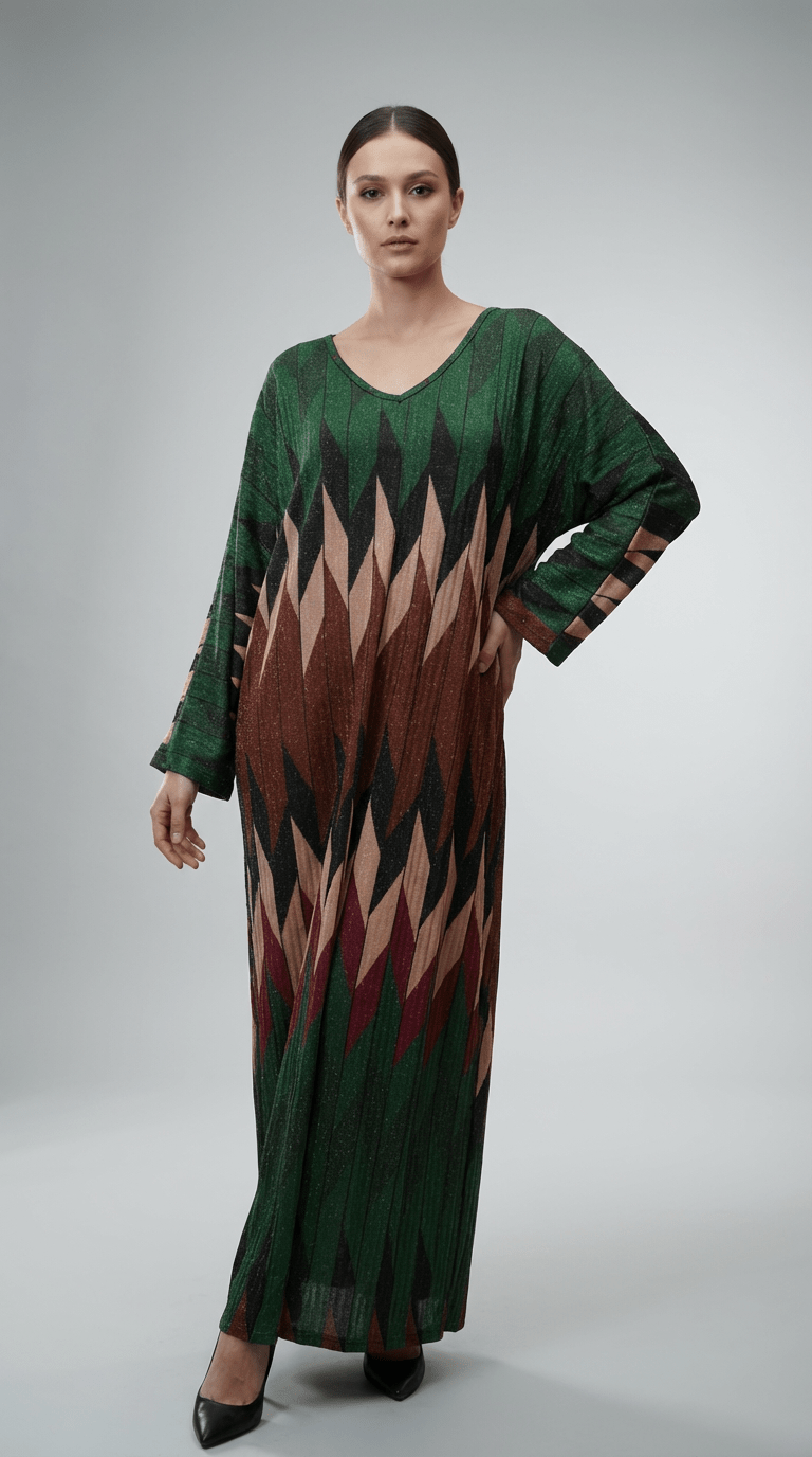 Rochie Maxi cu Decolteu în V și Imprimeu Subtil cu Fir Lame - OK Lux. All rights reserved. - Dresses - MULTICOLOR - 