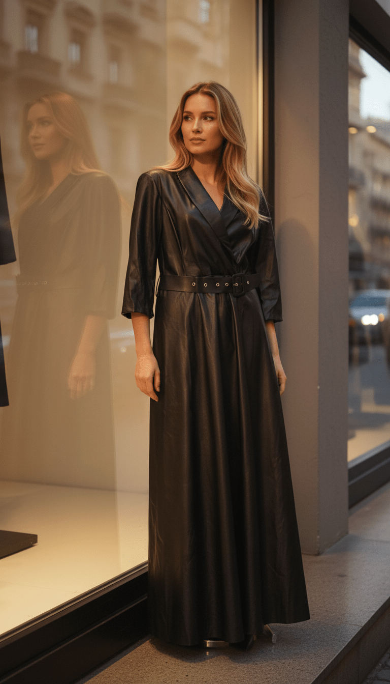 Rochie Maxi Eco Piele cu Dantelă și Elastic în Talie - OK Lux. All rights reserved. - Dresses - 