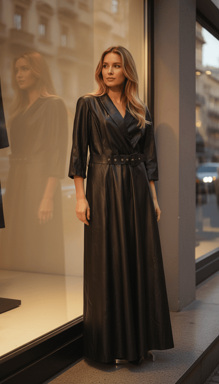 Rochie Maxi Eco Piele cu Dantelă și Elastic în Talie - OK Lux. All rights reserved. - Dresses - 