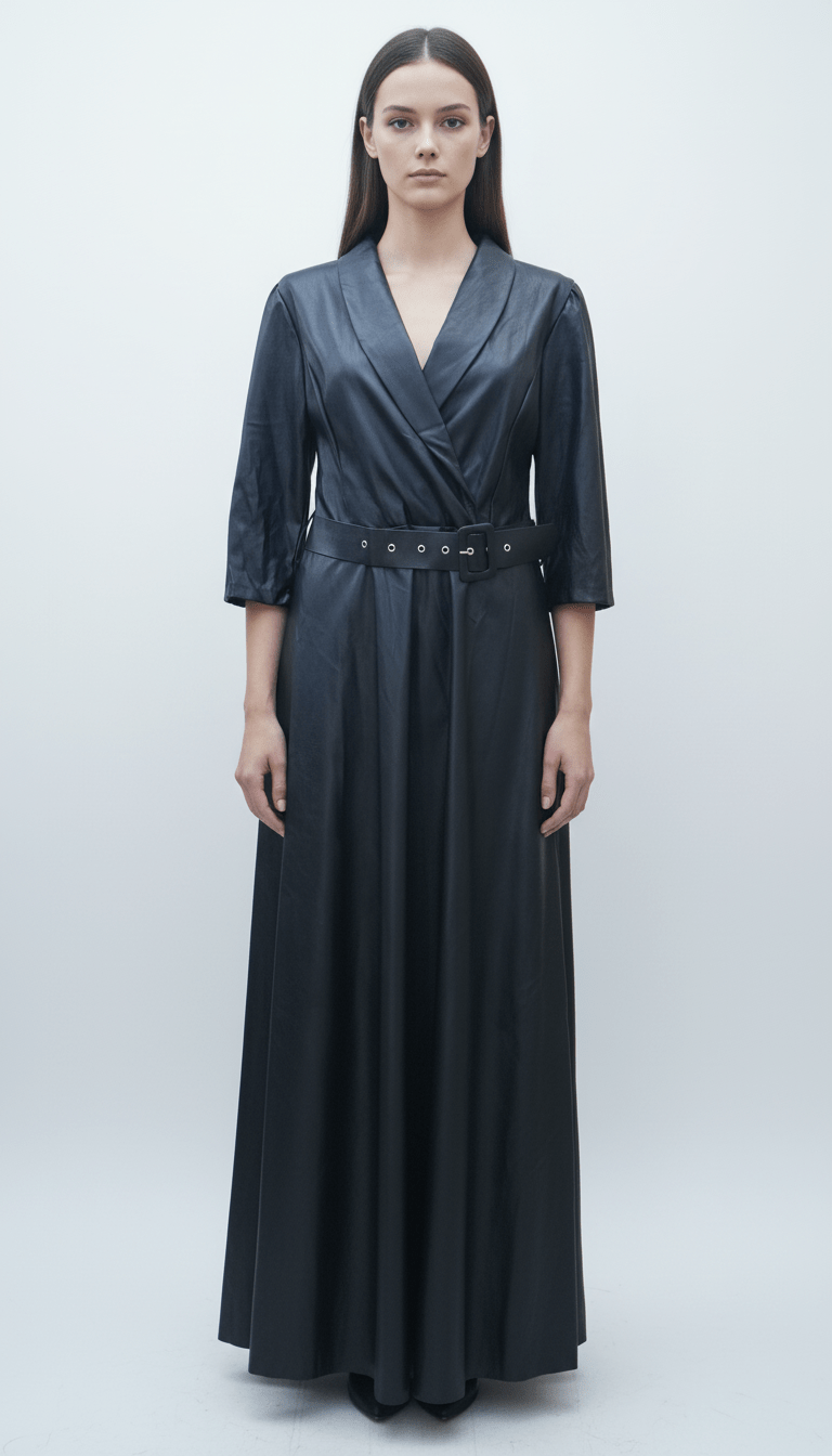 Rochie Maxi Eco Piele cu Dantelă și Elastic în Talie - OK Lux. All rights reserved. - Dresses - 