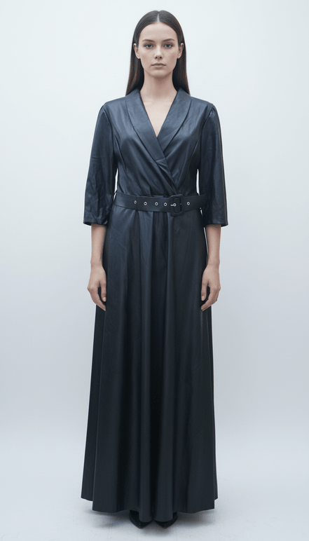 Rochie Maxi Eco Piele cu Dantelă și Elastic în Talie - OK Lux. All rights reserved. - Dresses - 