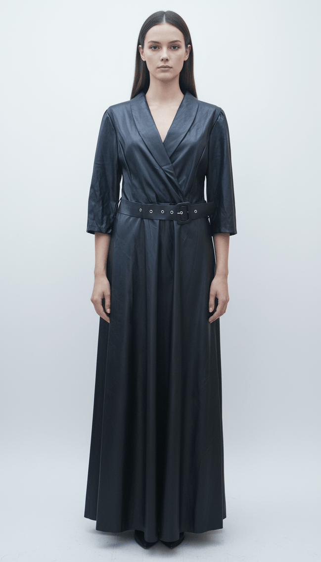 Rochie Maxi Eco Piele cu Dantelă și Elastic în Talie - OK Lux. All rights reserved. - Dresses - 