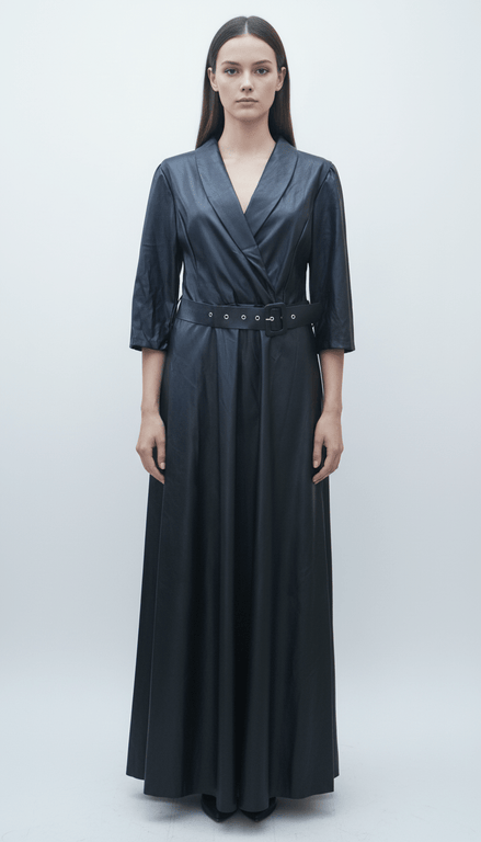 Rochie Maxi Eco Piele cu Dantelă și Elastic în Talie - OK Lux. All rights reserved. - Dresses - 