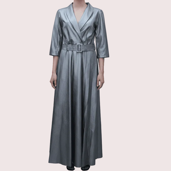 Rochie Maxi Eco Piele cu Decolteu în V și Cordon în Talie - OK Lux. All rights reserved. - Dresses - 