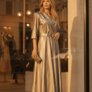 Rochie Maxi Eco Piele cu Decolteu în V și Cordon în Talie - OK Lux. All rights reserved. - Dresses - 