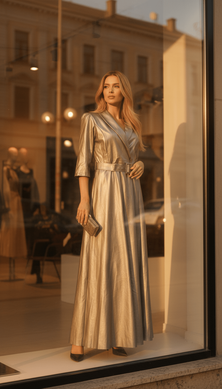 Rochie Maxi Eco Piele cu Decolteu în V și Cordon în Talie - OK Lux. All rights reserved. - Dresses - 