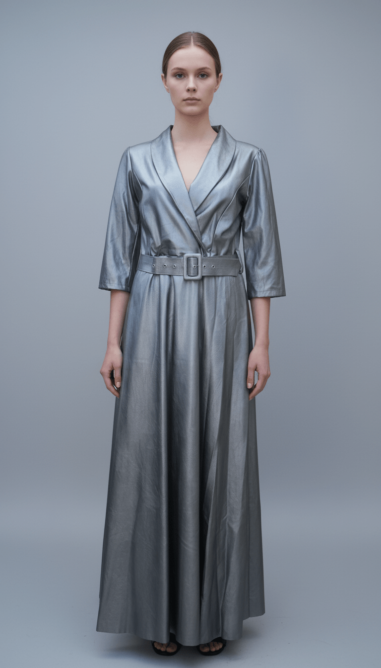 Rochie Maxi Eco Piele cu Decolteu în V și Cordon în Talie - OK Lux. All rights reserved. - Dresses - 