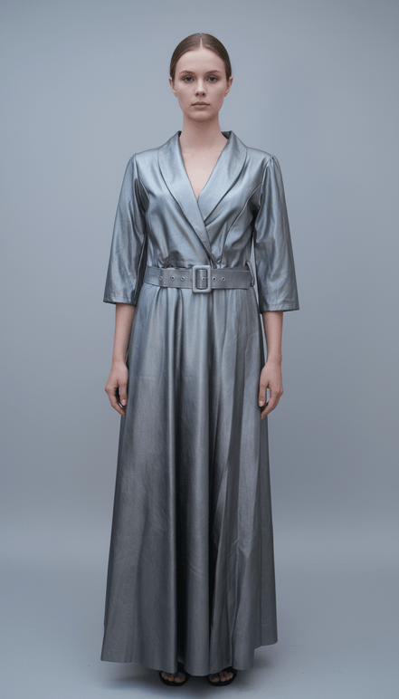 Rochie Maxi Eco Piele cu Decolteu în V și Cordon în Talie - OK Lux. All rights reserved. - Dresses - 