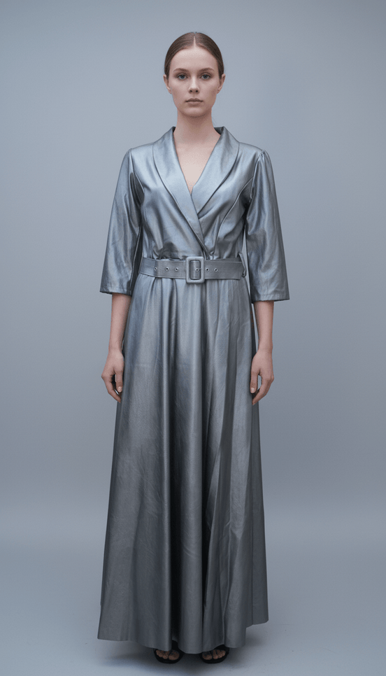 Rochie Maxi Eco Piele cu Decolteu în V și Cordon în Talie - OK Lux. All rights reserved. - Dresses - 