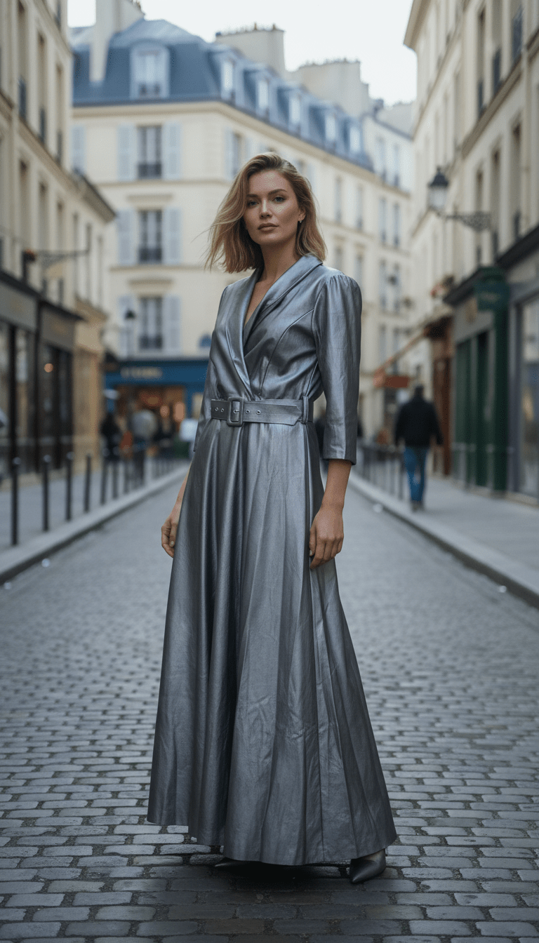 Rochie Maxi Eco Piele cu Decolteu în V și Cordon în Talie - OK Lux. All rights reserved. - Dresses - 