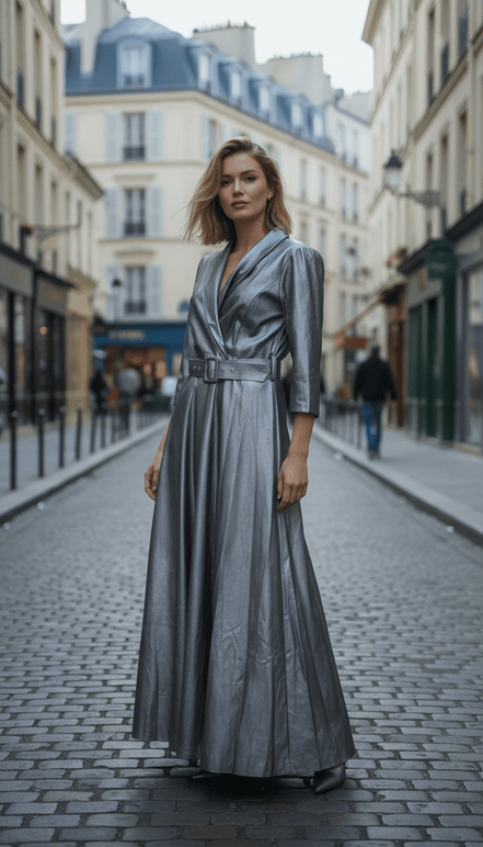 Rochie Maxi Eco Piele cu Decolteu în V și Cordon în Talie - OK Lux. All rights reserved. - Dresses - 