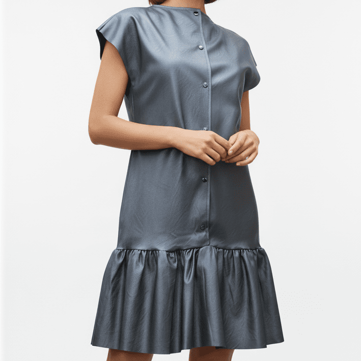 Rochie Sarafan Metalizată din Eco Piele cu Decolteu în V și Cordon - OK Lux. All rights reserved. - Dresses - 