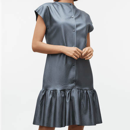 Rochie Sarafan Metalizată din Eco Piele cu Decolteu în V și Cordon - OK Lux. All rights reserved. - Dresses - 