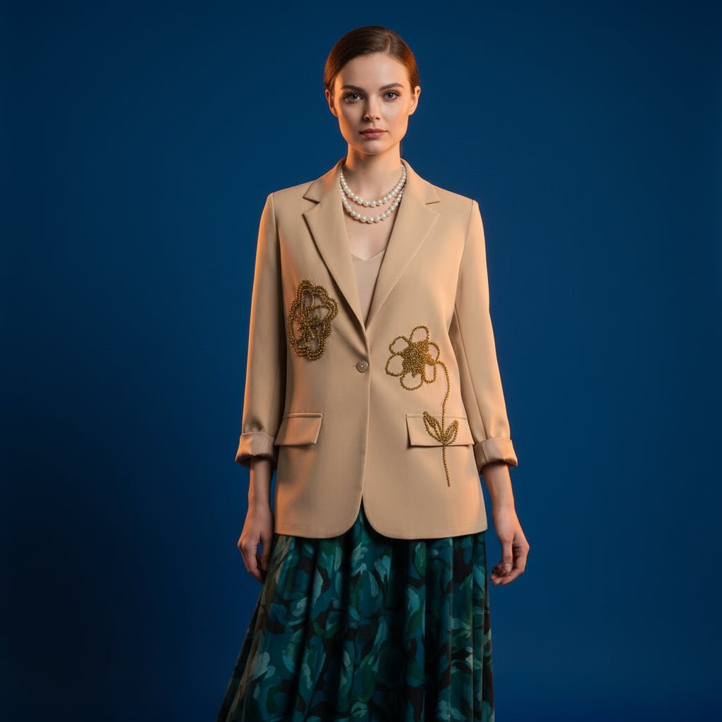 Sacou Beige Accesorizat Manual cu Detalii Artizanale – Design Laura Stoica - OK Lux. All rights reserved. - Sacouri - 