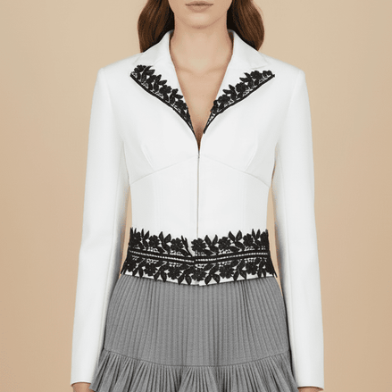 Sacou elegant alb cu aplicatii din dantela neagra contrastanta - OK Lux. All rights reserved. - Jackets - 