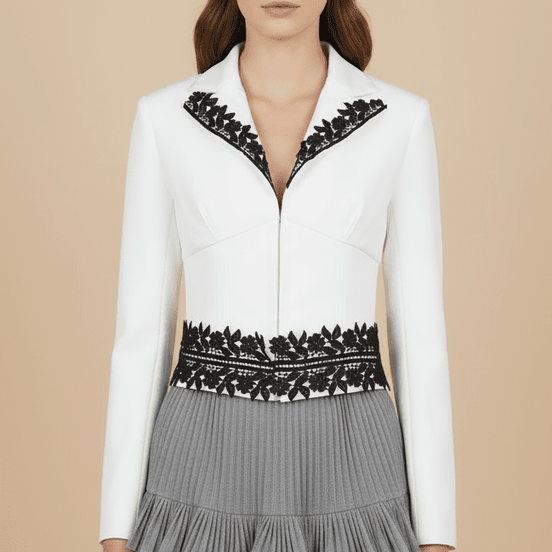 Sacou elegant alb cu aplicatii din dantela neagra contrastanta - OK Lux. All rights reserved. - Jackets - 