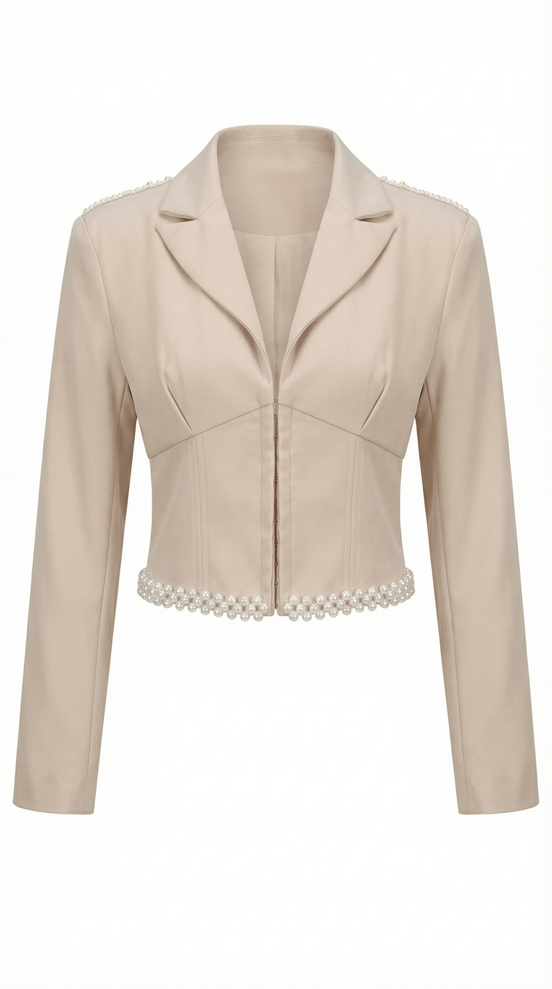 Sacou elegant bej accesorizat manual cu perle decorative - OK Lux. All rights reserved. - Jackets - 