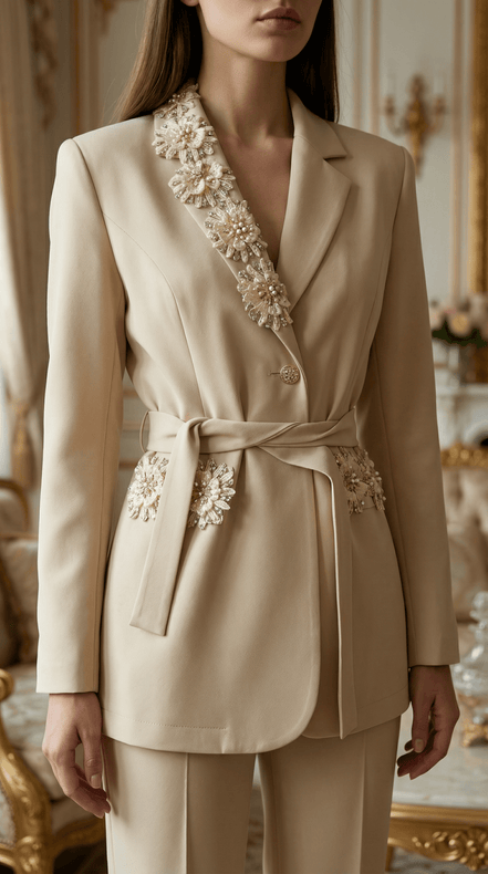 Sacou elegant bej cu aplicatii florale lucrate manual - OK Lux. All rights reserved. - Tuxedos - 