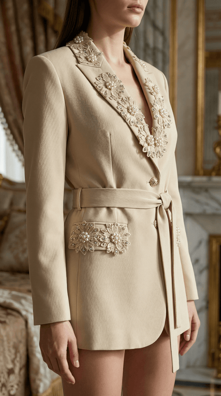 Sacou elegant bej cu aplicatii florale lucrate manual - OK Lux. All rights reserved. - Tuxedos - 