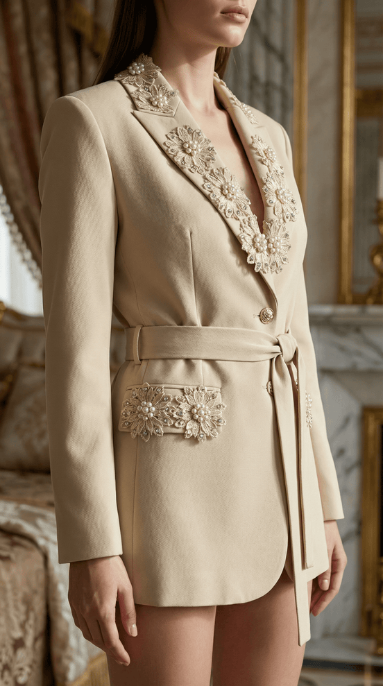 Sacou elegant bej cu aplicatii florale lucrate manual - OK Lux. All rights reserved. - Tuxedos - 