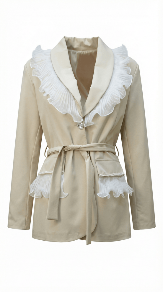 Sacou elegant bej cu volane din dantela si perle decorative - OK Lux. All rights reserved. - Tuxedos - 