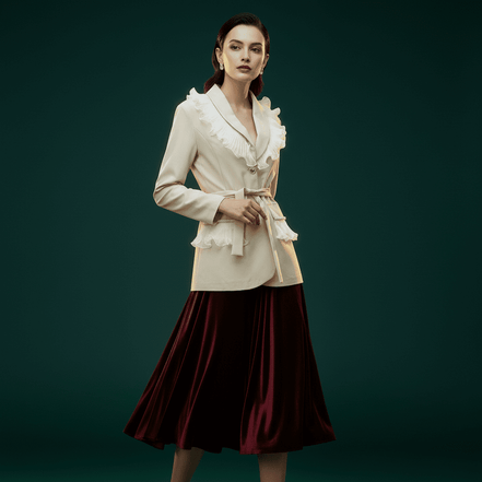 Sacou Elegant Bej cu Volane din Dantelă și Perle Decorative - Laura Stoica - OK Lux. All rights reserved. - Tuxedos - 