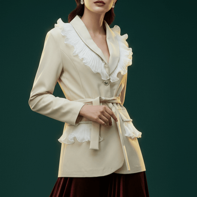 Sacou Elegant Bej cu Volane din Dantelă și Perle Decorative - Laura Stoica - OK Lux. All rights reserved. - Tuxedos - 