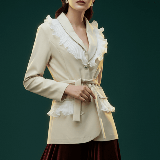 Sacou Elegant Bej cu Volane din Dantelă și Perle Decorative - Laura Stoica - OK Lux. All rights reserved. - Tuxedos - 