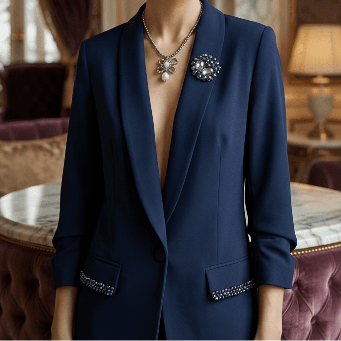 Sacou elegant bleumarin cu rever amplu si aplicatii din cristale - OK Lux. All rights reserved. - Tuxedos - 