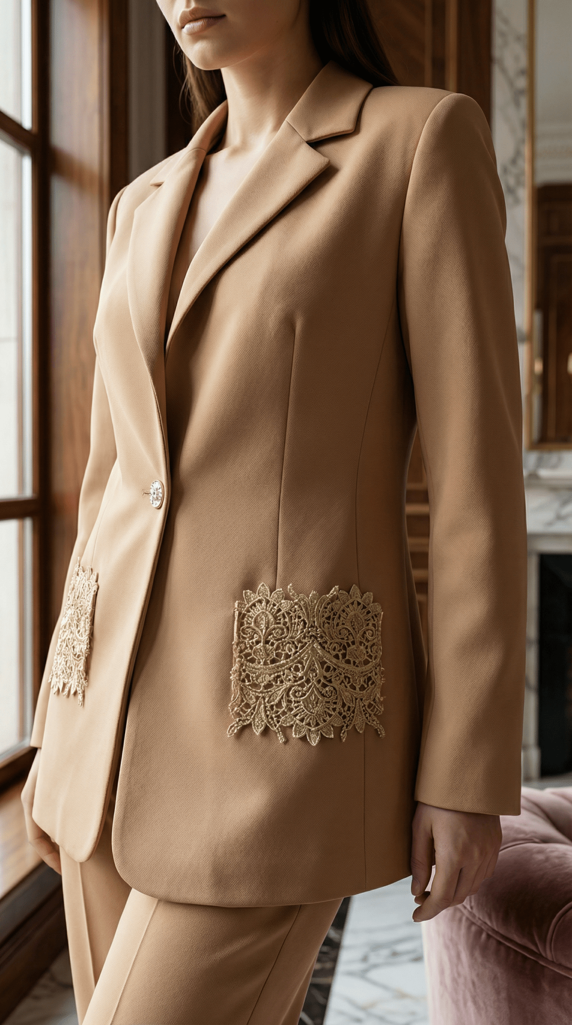 Sacou elegant camel cu aplicatii manuale din dantela si sclipici - OK Lux. All rights reserved. - Jackets - 