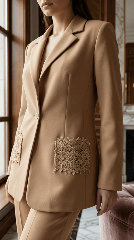 Sacou elegant camel cu aplicatii manuale din dantela si sclipici - OK Lux. All rights reserved. - Jackets - 