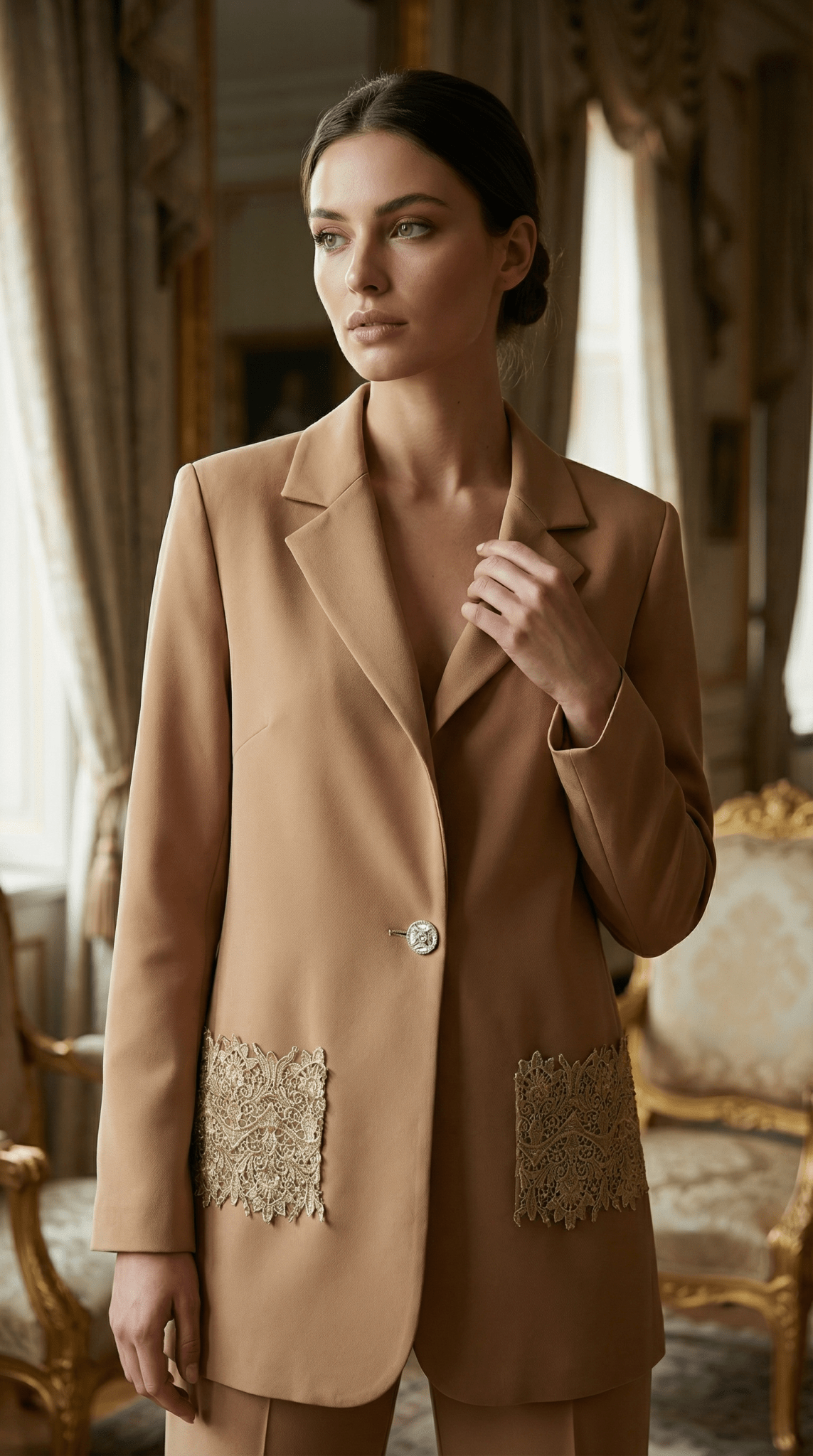 Sacou elegant camel cu aplicatii manuale din dantela si sclipici - OK Lux. All rights reserved. - Jackets - 