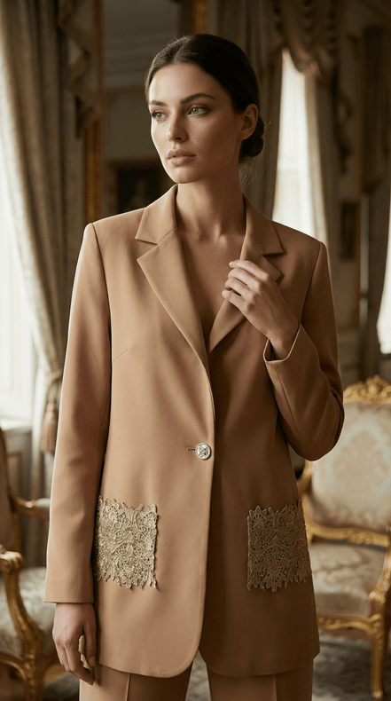 Sacou elegant camel cu aplicatii manuale din dantela si sclipici - OK Lux. All rights reserved. - Jackets - 