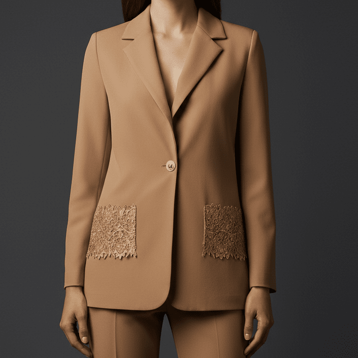 Sacou Elegant Camel cu Dantelă și Sclipici Aplicat Manual - Laura Stoica - OK Lux. All rights reserved. - Jackets - 