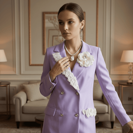 Sacou Elegant Lila Cambrat cu Volane Albe și Broșă Florală - Laura Stoica - OK Lux. All rights reserved. - Tuxedos - 