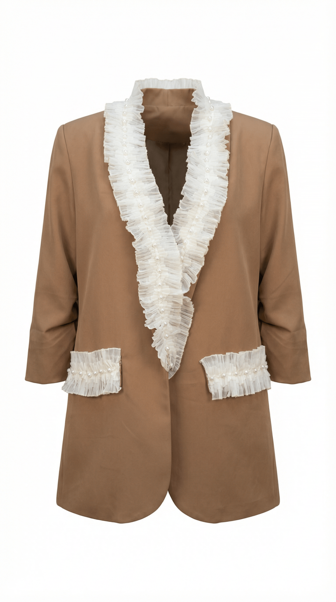 Sacou elegant maro cu aplicatii manuale din dantela si perle decorative - OK Lux. All rights reserved. - Jackets - 