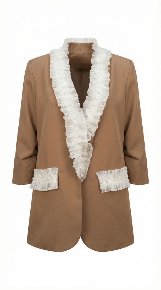 Sacou elegant maro cu aplicatii manuale din dantela si perle decorative - OK Lux. All rights reserved. - Jackets - 